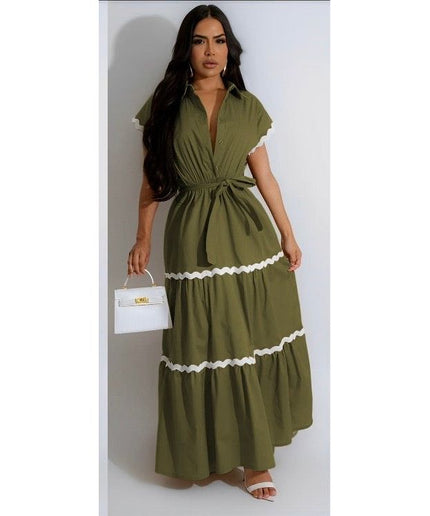 Plus Puff Sleeve Frilled Contrast Tape Belted Dress.