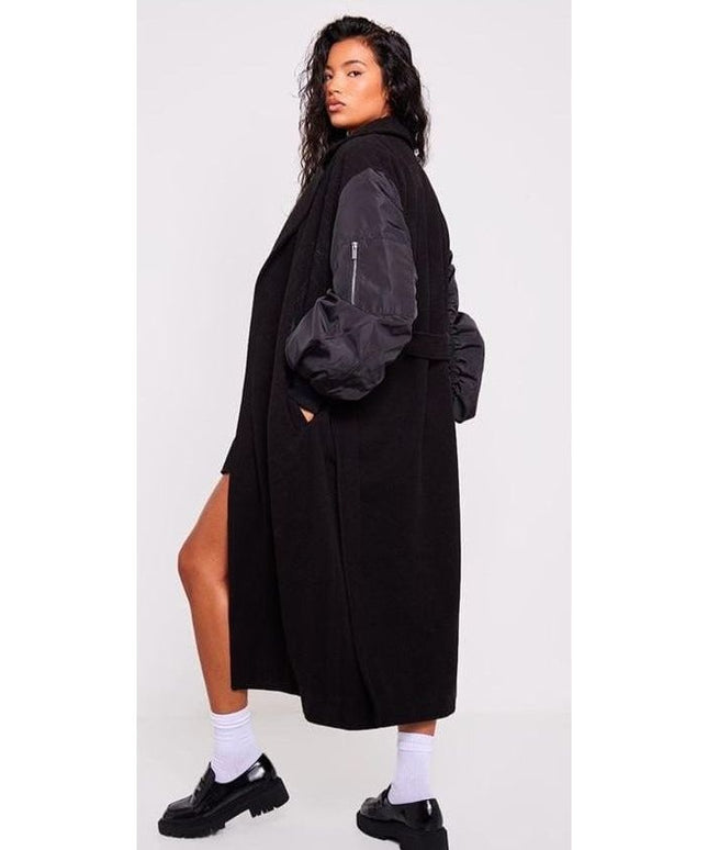 Bomber Sleeve Faux Wool Belted Coat