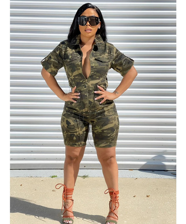 Camouflage Short Zipper Jumpsuit