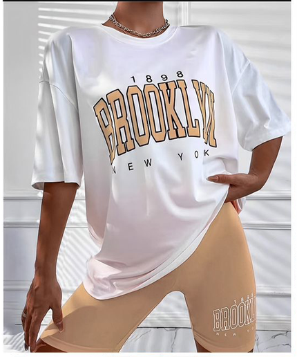 Short Sleeve Ladies Brooklyn Printed T Shirt and Tight Pants Set.