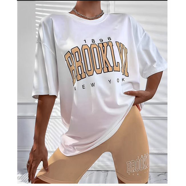 Short Sleeve Ladies Brooklyn Printed T Shirt and Tight Pants Set.