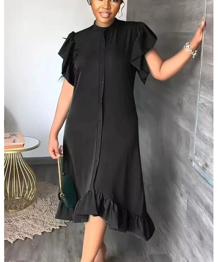 Round Collar Rutched Sleeve Ruffle Hem Midi Dress