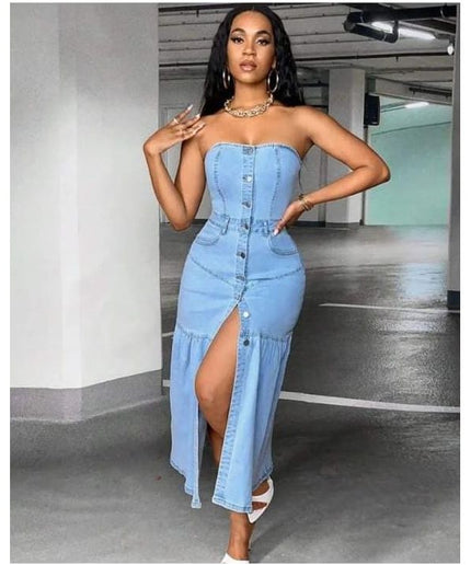 Buttoned Front Tube Denim dress