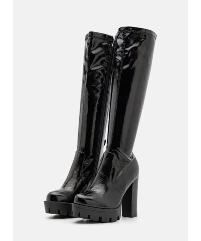 Long Glossy Thick Heel Boots