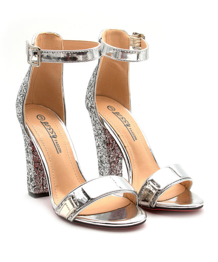 Glitter Ankle Strap Heel Sandal.