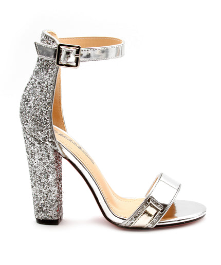 Glitter Ankle Strap Heel Sandal.