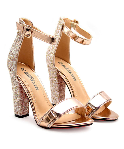 Glitter Ankle Strap Heel Sandal.