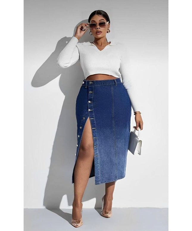 Button Detailed Slit Denim Skirt