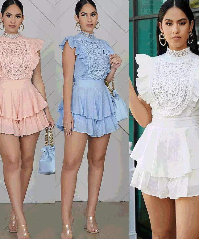 Lace Ruffles Splice Rompers