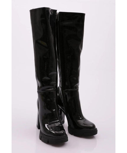 Long Glossy Thick Heel Boots