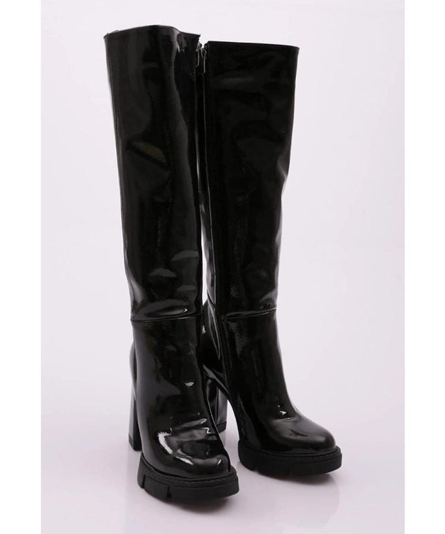 Long Glossy Thick Heel Boots