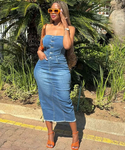 Buttoned Denim Boobtube Dress