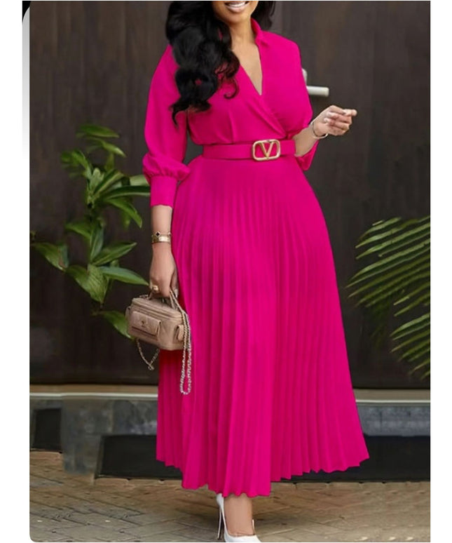 Elegant Lantern Sleeve Pleated Dress.