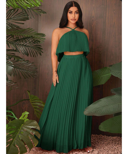 solid pleated halter top & skirt Set