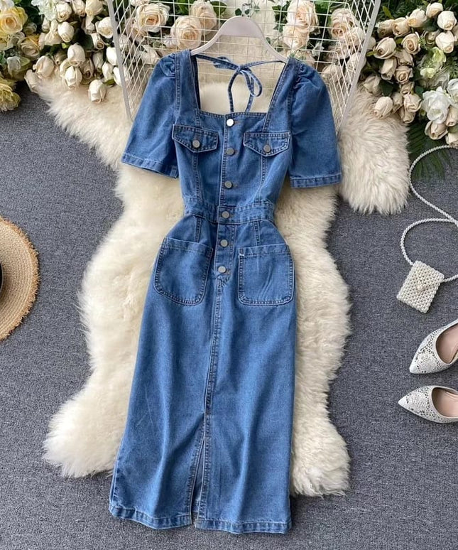 Square Neck Denim Pocket Dress