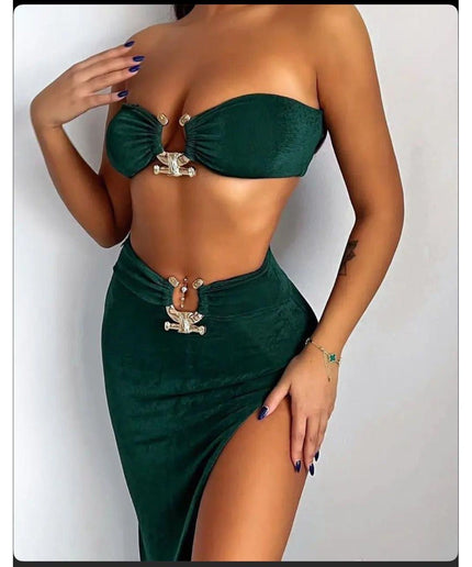 Sexy Side Slit Skirt and Strapless Bra Set