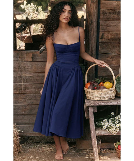 Spaghetti Strap Pleated Sleeveless Corset Midi Dress.