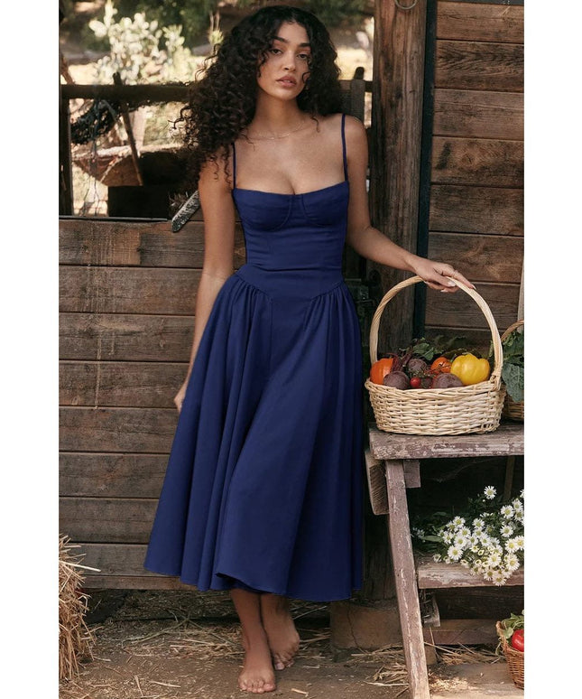 Spaghetti Strap Pleated Sleeveless Corset Midi Dress.