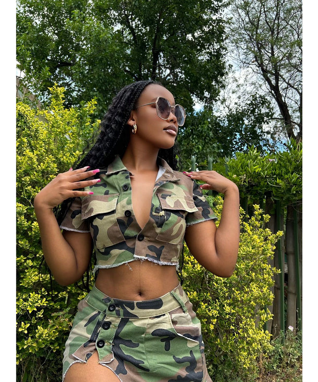 Camouflage Slit skirt and top set