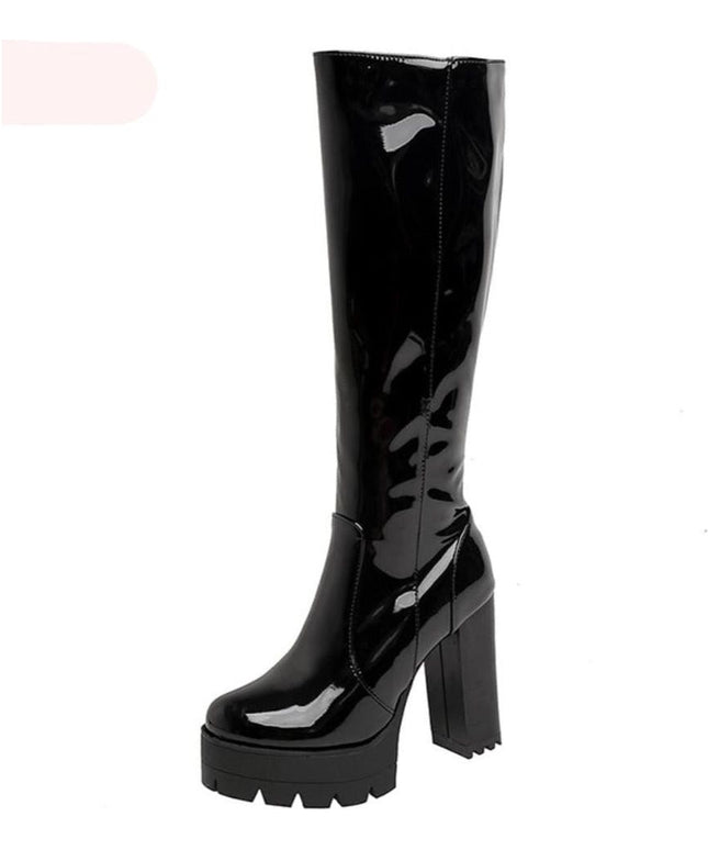 Long Glossy Thick Heel Boots