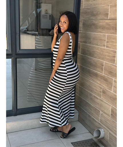 Striped Print Sleeveless Long Bodycon Dress.