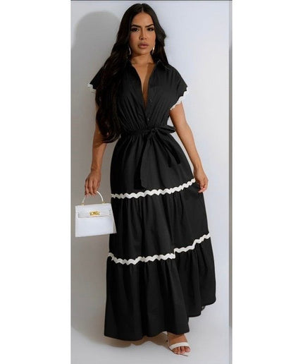 Plus Puff Sleeve Frilled Contrast Tape Belted Dress.