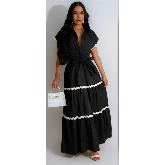 Plus Puff Sleeve Frilled Contrast Tape Belted Dress.