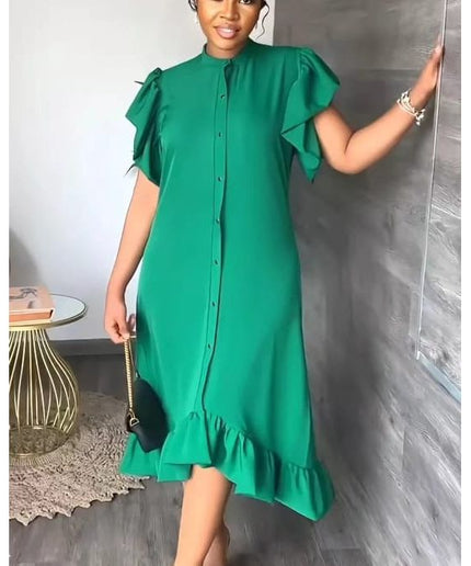 Round Collar Rutched Sleeve Ruffle Hem Midi Dress