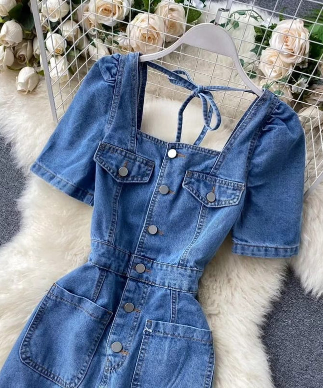 Square Neck Denim Pocket Dress