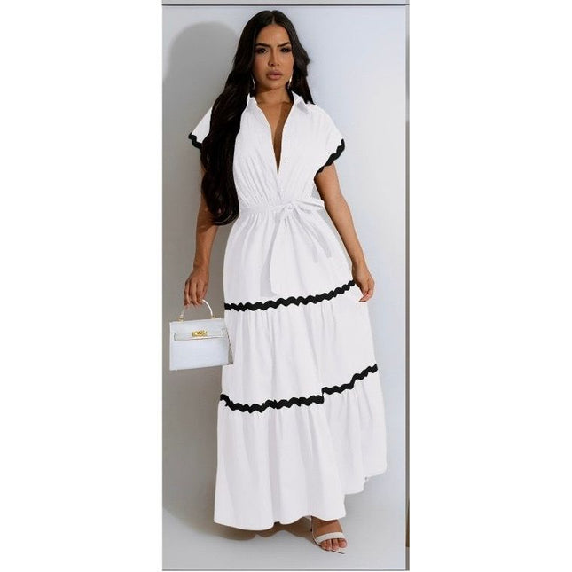 Plus Puff Sleeve Frilled Contrast Tape Belted Dress.