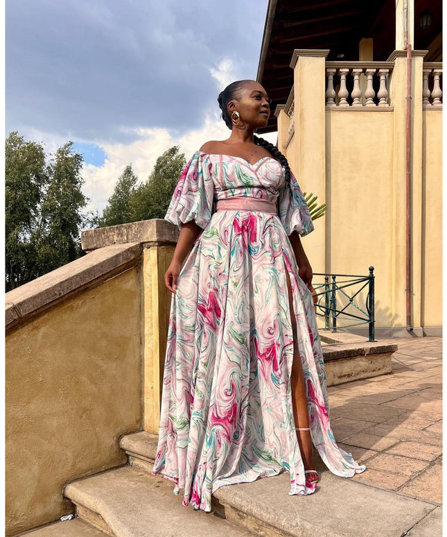 Floral Short sleeve Crop top and Maxi Skirt set.