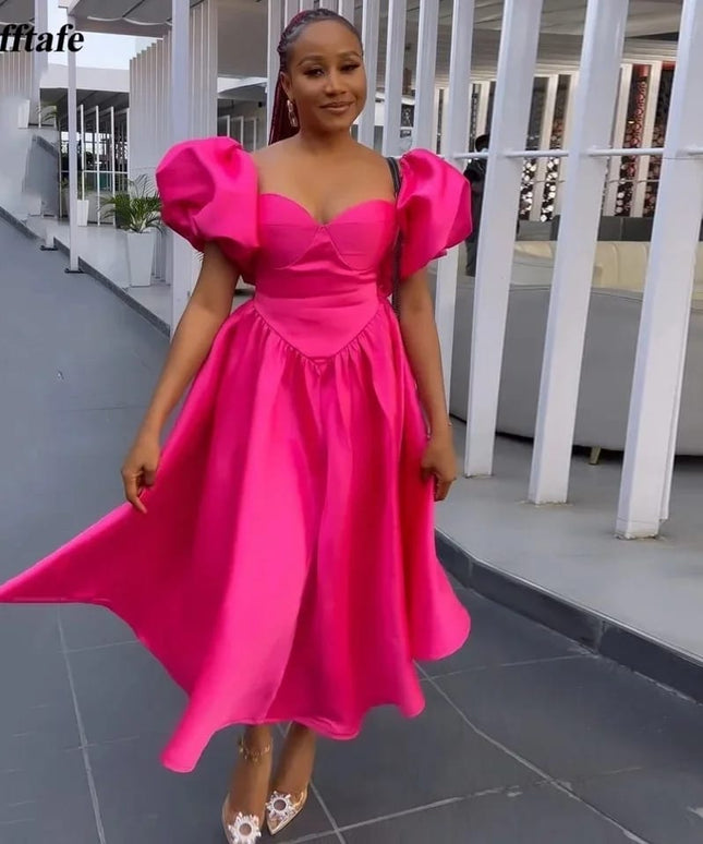 Sexy Puffed Shoulders Satin Dress