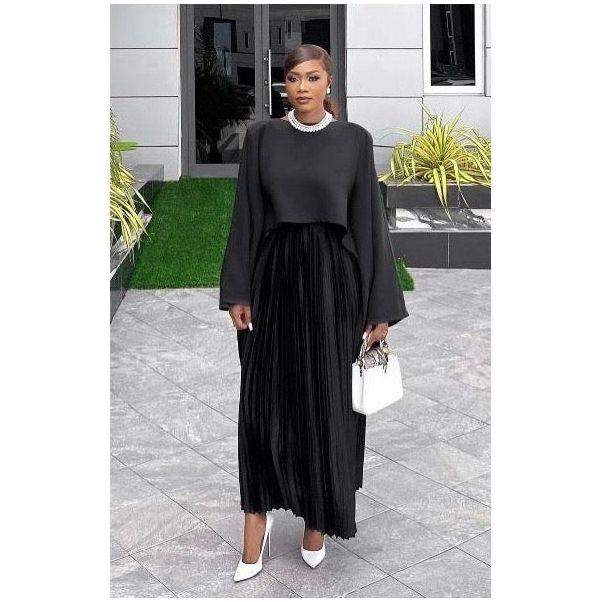 Pleated Hem Skirt & Wide Long Sleeve Top Set.