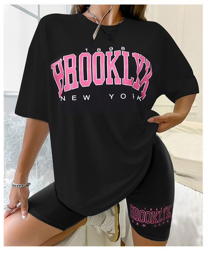 Short Sleeve Ladies Brooklyn Printed T Shirt and Tight Pants Set.