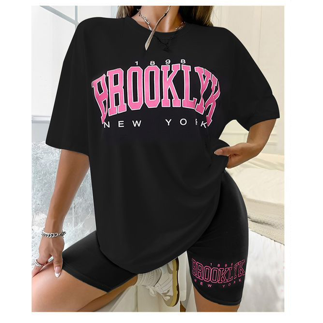 Short Sleeve Ladies Brooklyn Printed T Shirt and Tight Pants Set.