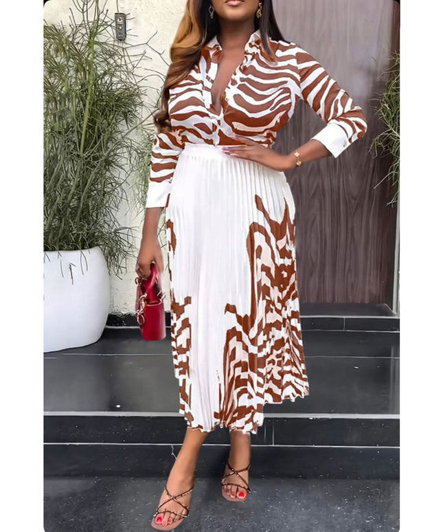 Dashiki Print Pleated Skirt and Shirt Set