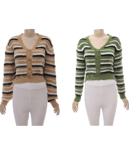 Striped Pattern Fluffy Knit Cardigan