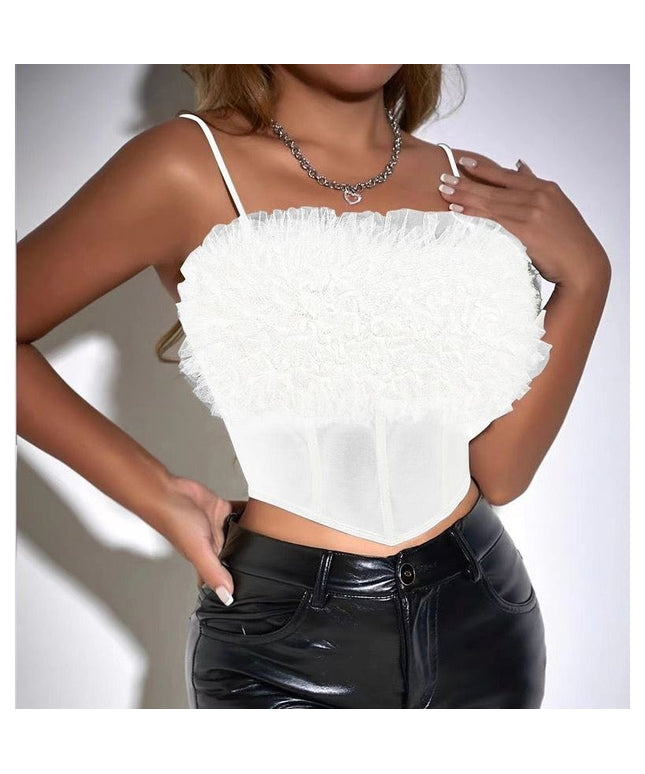 Slim-Fit Cropped Strapless Top With 3D Floral Lace.