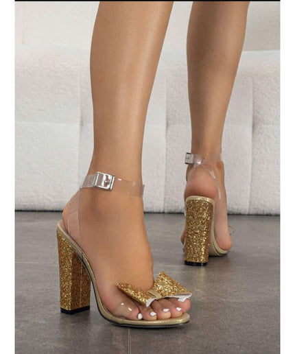 Bow Decor Chunky Heeled Ankle Strap Sandals.