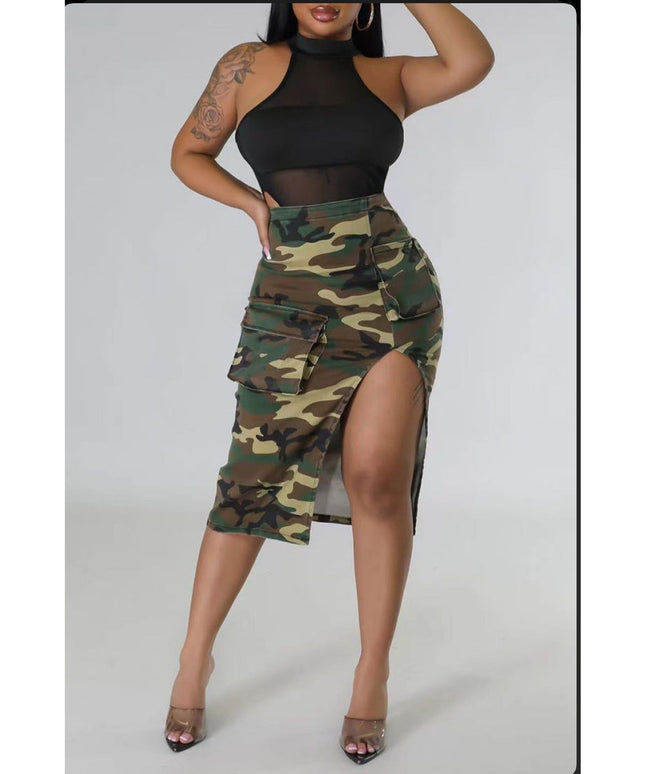 Camouflage Side Slit Cargo Skirt