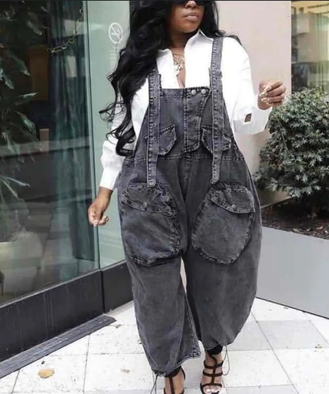 Big Pockets Loose Dungaree Denim Jumpsuit