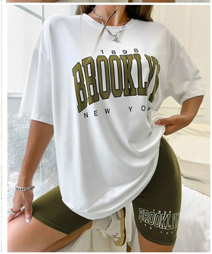 Short Sleeve Ladies Brooklyn Printed T Shirt and Tight Pants Set.