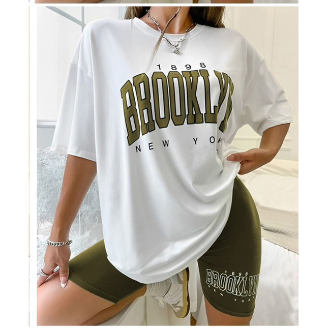 Short Sleeve Ladies Brooklyn Printed T Shirt and Tight Pants Set.