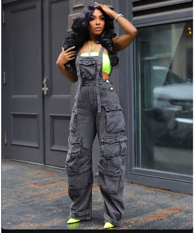 Bulk Jumbo Pockets Loose Denim Jumpsuit.