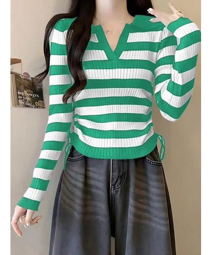 Knitted V-Neck Striped Top