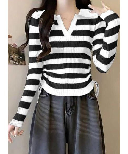 Knitted V-Neck Striped Top