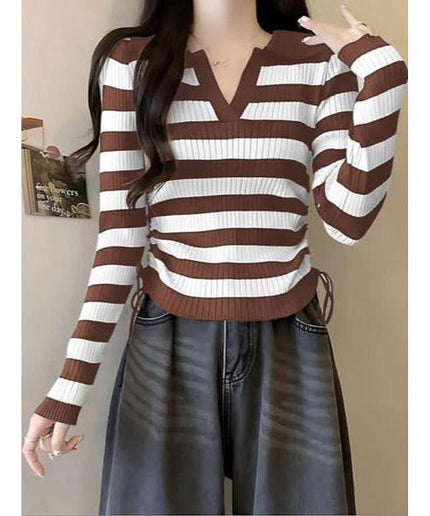 Knitted V-Neck Striped Top