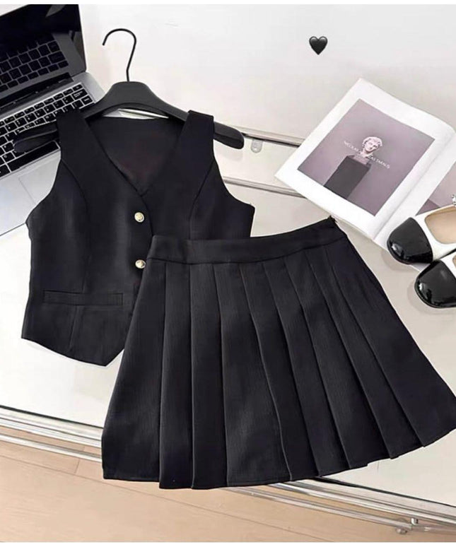 Suit Vest and pleated Mini Skirt Set