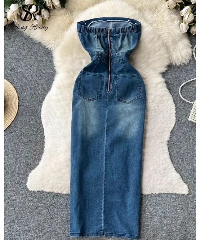 Boob Tube Slit Denim Dress