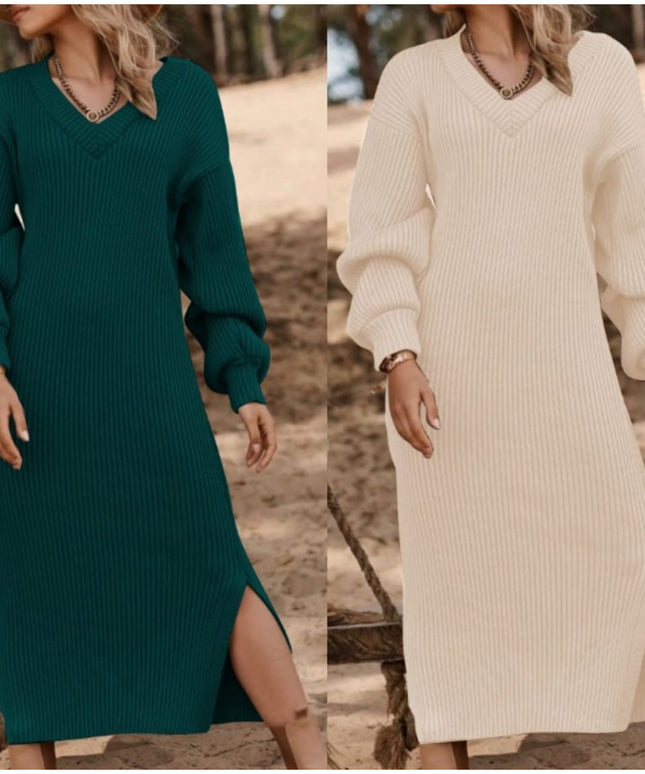 Knitted V-Neck Side Slit Dress